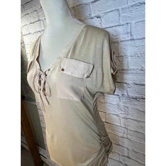 VENUS Pretty Tan Button Front Pocket Short Sleeve Shirt Small - Picture 3 of 11